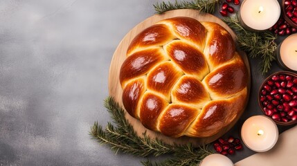 Traditional Round Braided Challah Bread Surrounded by Candles and Decorative Elements for Festive Occasion