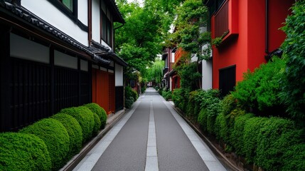 Tranquil Street Lined with Diverse Buildings Amidst Lush Greenery in a Peaceful Neighborhood Setting