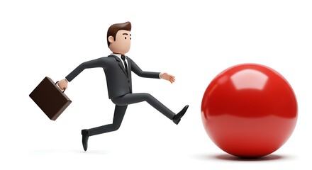 Cartoon Businessman Leaping Over a Large Red Sphere with Briefca