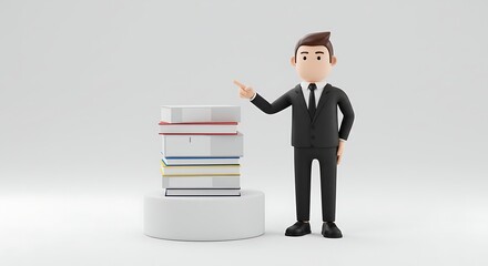 Cartoon Businessman Points to Stack of Books on White Platform