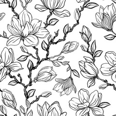 Vector seamless pattern with outline magnolia flower, decorative buds and leaves. Elegant floral background in outline style for summer design and coloring.