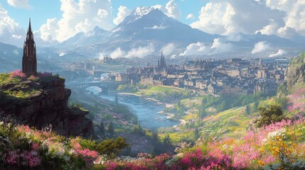 Obraz premium Scenic View of Arthur's Seat Overlooking Edinburgh with Vibrant Flowers and Majestic Mountains