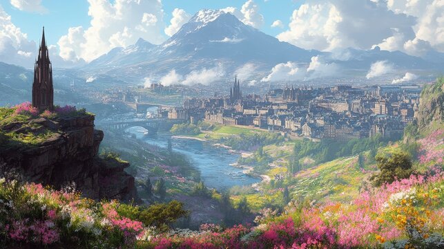 Scenic View of Arthur's Seat Overlooking Edinburgh with Vibrant Flowers and Majestic Mountains