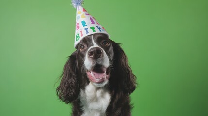 Dog wearing a birthday hat on green background