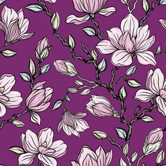 Vector seamless pattern with outline magnolia flower, ornate buds and leaves on the white background. Elegance floral background in contour style for summer design and coloring book.