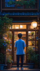 Obraz premium Contemplative Moment: Person Gazing into an illuminated Japanese home, surrounded by Lush Plants and Traditional Lantern Light