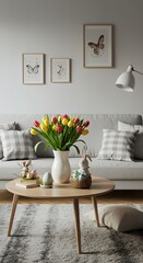 Tulips on table with Easter decoration
