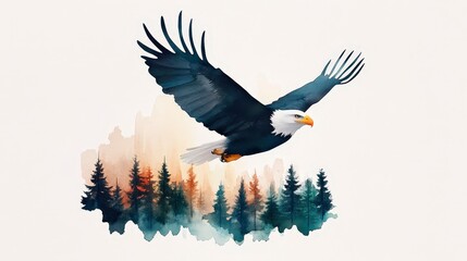 Fototapeta premium Realistic Watercolor of a Bald Eagle in Flight Above a Serene Forest Landscape
