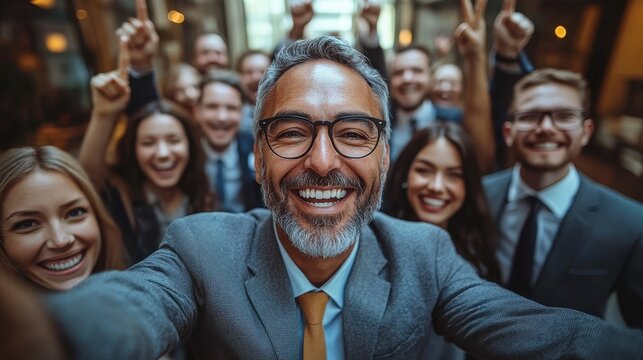 Businesspeople smiling and taking a selfie at event