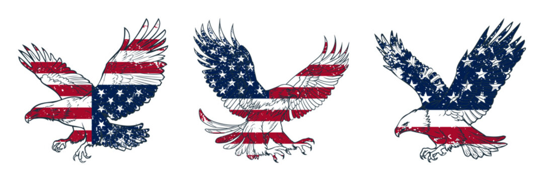 Patriotic American Bald Eagle Vector Set with USA Flag Overlay