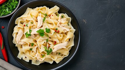 Homemade Egg Noodles Served with Tender Chicken and Fresh Herbs on a Dark Rustic Background