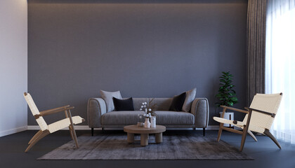 Home and living room with grey modern sofa mockup decoration and empty wall texture background interior design. 3d rendeing