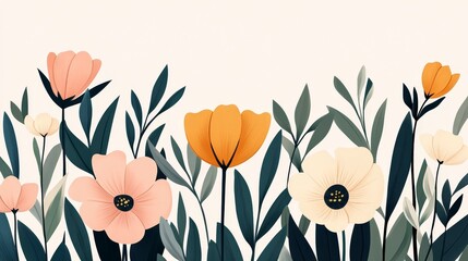 Pastel Botanical Illustration Featuring Wildflowers with Elegant Leaves and Soft Color Palette