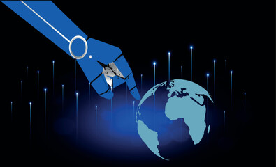 Fototapeta premium Robot hand touch the finger with world globe
