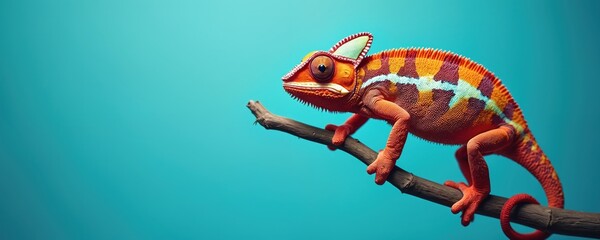 Fototapeta premium Vibrant chameleon perched tree branch. Lizard morphs colors mid-change, showing camouflage. Focus on texture detail, showcasing color adaptation. Tropical nature landscape, exotic species.