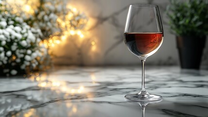 A wine glass of red sits on a marble table, surrounded by soft lighting and flowers.