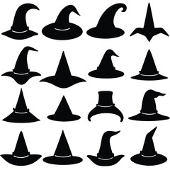 Assortment of Black Witch Hat Silhouettes for Halloween Illustration