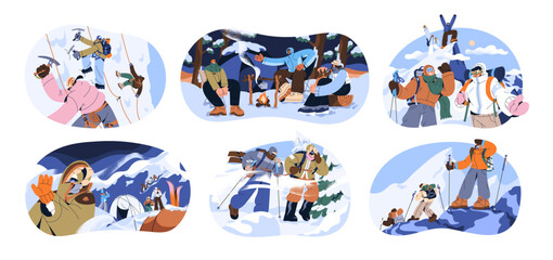 Set of mountain climbing in winter. Hikers are camping while mountaineering, go to the top. Climbers are hiking, trekking in snow nature. Flat isolated vector illustrations on white background