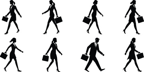 Businessperson walking silhouette set. Bundle of business figure vector on transparent background