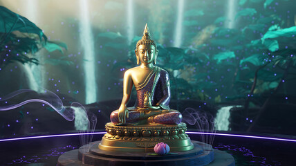 Golden Buddha statue in mystical rainforest