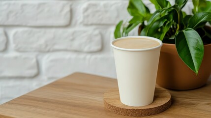 Cozy Café Scene Featuring Plant and Milk-Based Drink in Minimalistic Setting