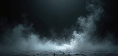 Abstract swirling smoke on dark background. Misty fog on the floor creating moody effect. Mysterious atmosphere design element. Suitable for various design concepts. Black, grey, white smoke on floor.