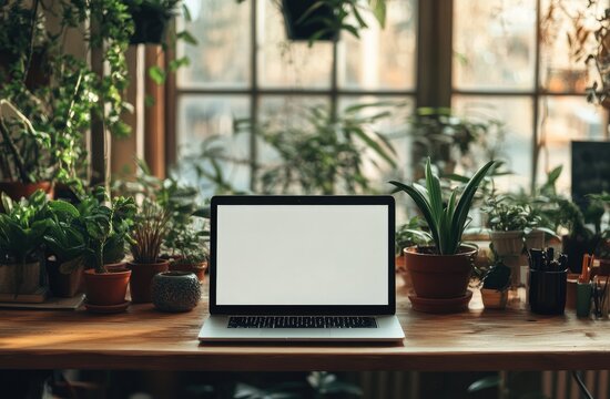 Fototapeta Laptop on wooden desk, window garden