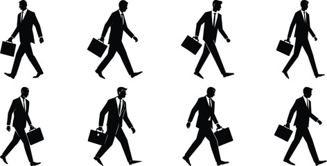 Businessperson walking silhouette set. Bundle of business figure vector on transparent background