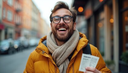 Happy man holding winning lottery ticket. Male winner celebrates luck success. Joyful male in glasses screams from winning. Lottery, luck, winning, jackpot concept.