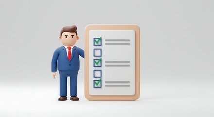 Fototapeta premium Cartoon Businessman with Checklist on Clipboard Against a White