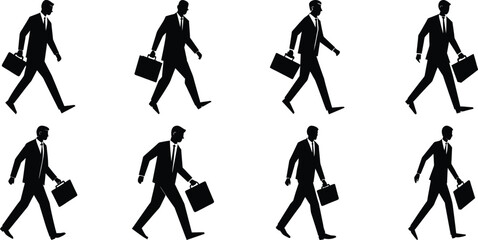 Businessperson walking silhouette set. Bundle of business figure vector on transparent background