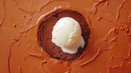 Warm Close-Up of Freshly Made Chocolate Pudding with Ice Cream on Top Against a Smooth Background
