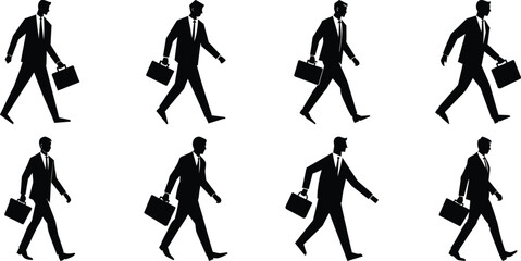 Businessperson walking silhouette set. Bundle of business figure vector on transparent background
