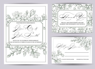 Botanical wedding invitation template, white magnolia flowers and leaves. Template with highly detailed, vector, realistic spring flowers. Save the Date and RSVP collection.