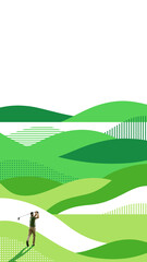 Obraz premium Conceptual art. Vertical. Athlete performs flawless golf swing on undulating hill canvas with curved lines, grid textures and vibrant green forms suggesting flow and direction. Concept of golf, energy
