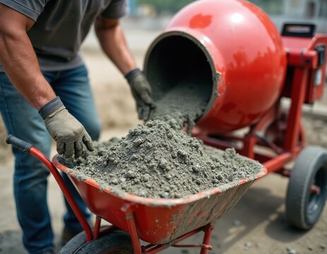 Worker pours concrete from cement mixer to wheelbarrow. Construction worker loads building materials. Men at work on building site. Construction industry, concrete pouring, cement mixing.