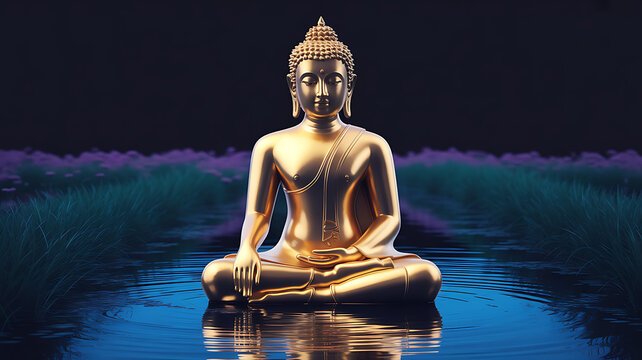 Golden Buddha statue, meditating, water, nature