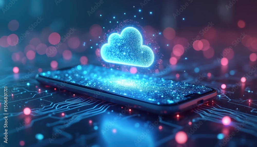 Poster Futuristic tech concept with smartphone, cloud symbol. Representing cloud computing, data storage, network. Dark background with digital lights, bokeh effect. High-tech innovation in online services,