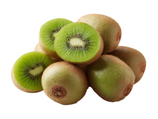 Fototapeta premium Fresh whole kiwis stacked together, showcasing their vibrant green flesh and fuzzy brown skin. This arrangement highlights natural beauty and healthy appeal of this delicious fruit