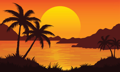 Vector illustration of Sunset Scenery on a Tropical Beach with Silhouettes of Coconut Trees, Mountains and Bright Orange Ocean background