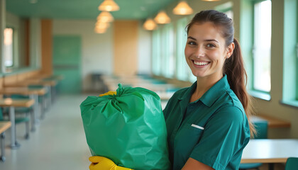 Smiling young Caucasian female janitorial staff member in school cafeteria holds rubbish bag. Pro cleaning employee wearing green shirt, yellow gloves maintaining cleanliness. Clean, tidy workspace.