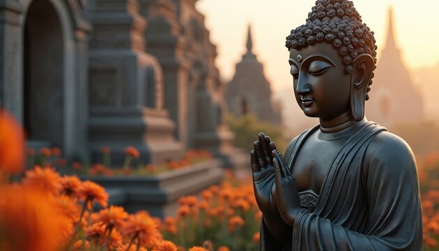 Buddha statue with hands in prayer position. Religious image with orange flowers. Serene, peaceful art for meditation, mindfulness. Concept of calm, enlightenment. Eastern faith, spiritual symbol.