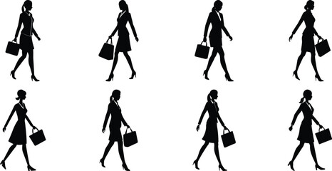 Obraz premium Businessperson walking silhouette set. Bundle of business figure vector on transparent background