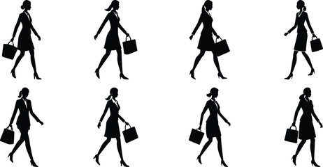 Businessperson walking silhouette set. Bundle of business figure vector on transparent background
