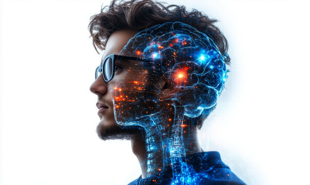 artificial intelligence concept with double exposure on a white background