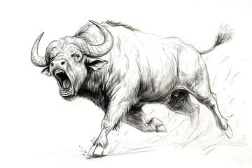 Obraz premium Pencil drawing of angry, fierce and fierce buffalo, side view, white background 