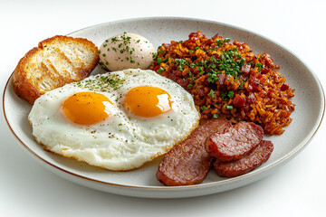 Delicious Breakfast Plate Featuring SunnySide Up Eggs, Fried Rice, Toast, and Sausage on White Background
