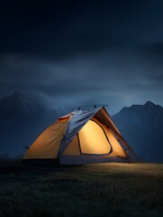 Cozy camping tent under night sky evokes calm and adventure.