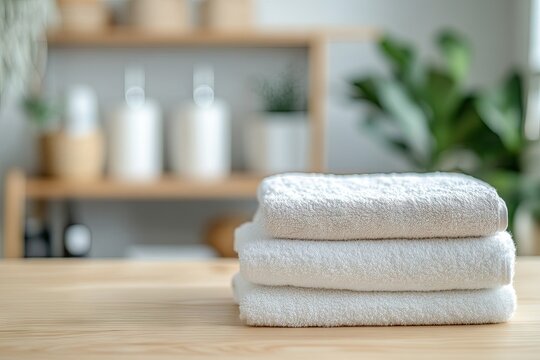 Stacked white towels on wooden table, bathroom interior