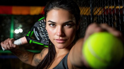A focused woman holding a padel racket and tennis ball, ready to play on an indoor sports court.